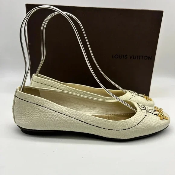 Louis Vuitton LV Logo Ballet Flats Shoes Womens Size 37.5 Beige White - Picture 12 of 16